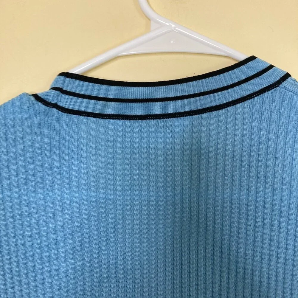 Exclusively Misook Womens M Blue Ribbed Long Cardigan Sweater Acrylic Flawed - Picture 10 of 11